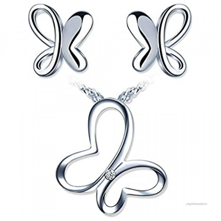 Yumilok Butterfly Jewellery Set 925 Sterling Silver Stud Earrings Necklace Set for Girls