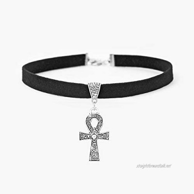 Black 10Mm Flat Faux Suede Cord Egypt Ankh Cross Charm Choker 13 Inches Necklace Wiccan Pagan Gothic Jewelry