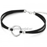 COOLSTEELANDBEYOND Ladies Womens Girls Black Choker Necklace with Open Circle Charm and Beads Pendant