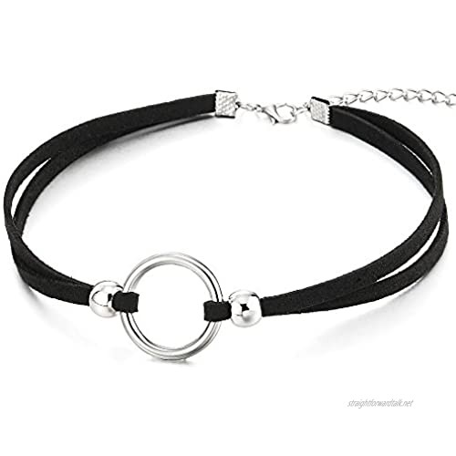 COOLSTEELANDBEYOND Ladies Womens Girls Black Choker Necklace with Open Circle Charm and Beads Pendant