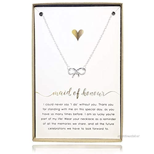 Maid of Honour Gift Dainty Bow Thank You For Being My Maid of Honour | Handmade Tie The Knot Silver Plated Necklace Mounted On Printed Beautiful Message Card With Gift Box Wedding Present Set