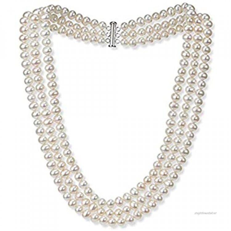 TreasureBay Elegant and Classic AA Grade 7mm White Freshwater Pearl Necklace Three-Strand Style