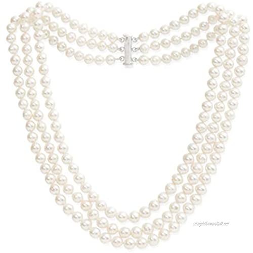 TreasureBay Stunning Handcrafted Three Strands 7mm Natural Freshwater Pearl Necklace (White)