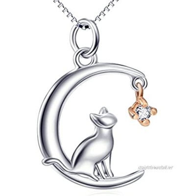 YAFEINI Cat Necklaces 925 Sterling Silver Rose Gold Moon and Cat Pendant Necklace Cats Jewellery Gift for Women Girls