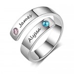 DaMei Personalized Spiral Twist Ring Engraved Names BFF Wrap Rings with 2 Simulated Birthstones for Women Best Friends Promise Rings for Her (Silver)