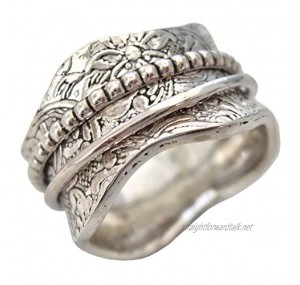 Energy Stone Artisan Etched Floral Sterling Silver Meditation Spinner Ring (Style UK17)