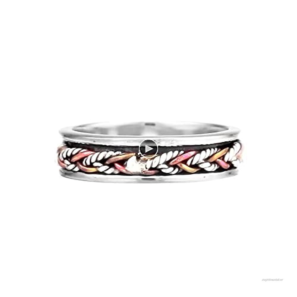 Style SR40 Energy Stone Twine 5.5 mm Narrow Band Tri-Color Sterling Silver Meditation Spinner Ring