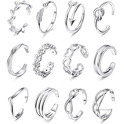 LOLIAS 12 Pcs Adjustable Open Toe Rings Set for Women Girls Knuckle Ring Stackable Rings Boho Vintage Finger Ring Wave Flower Celtic Knot Arrow Tail Band Fashion Ring Gifts Beach Sandals Foot Jewelry