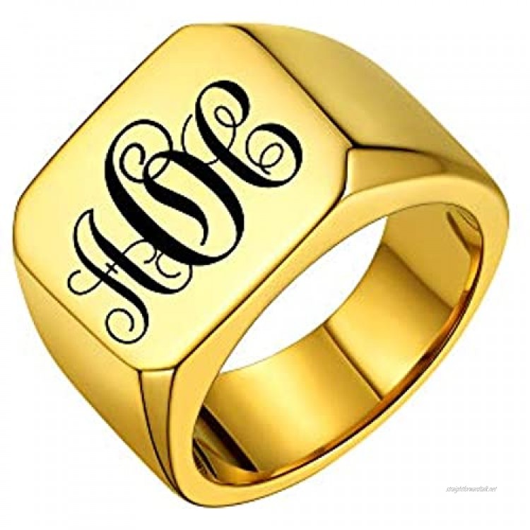 PROSTEEL Customized 26 Alphabet Initial Square Flat Biker Style Polished Ring Stainless Steel/Gold Plated (Send Gift Box)