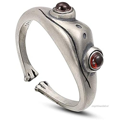 SHEGRACE Womens Retro Silver Frog Ring 925 Sterling Silver Vintage Cuff Ring with Red Natural Garnet Adjustable Gift for Mother's Day
