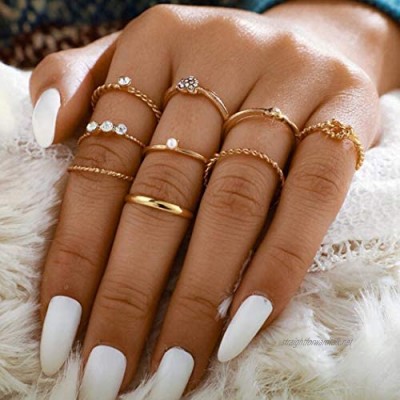 Simsly Vintage Crystal Rings Set Gold Heart Knuckle Ring Set Pearl Stackable Finger Ring Jewelry for Women and Girls(pack of 9)
