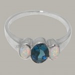 Solid 925 Sterling Silver Natural London Blue Topaz & Opal Womens Trilogy Ring - Sizes J to Z Available including half sizes