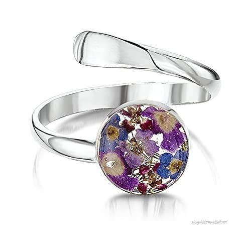 Sterling Silver Real Flower Adjustable Ring - Forget-Me-Not purple & blue - Round - in giftbox