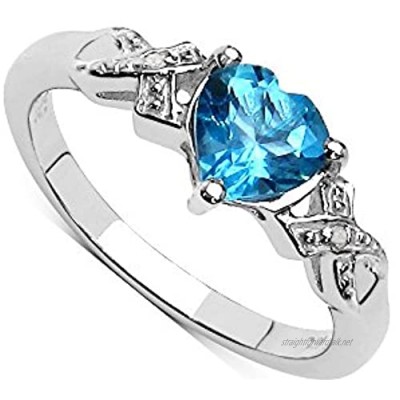The Blue Topaz Ring Collection: Silver 1.00CT Blue Topaz Heart Engagement Ring & Diamond Shoulders Mother's Day Ring Size I J K L M N O P Q R S T U V W