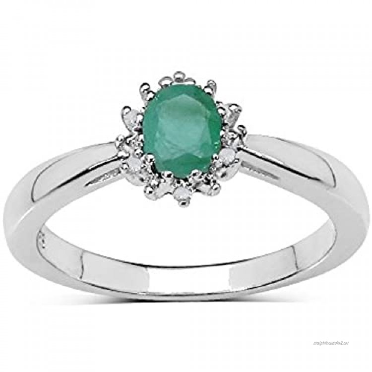 The Emerald Ring Collection: Beautiful Sterling Silver Oval Emerald & Diamond Cluster Engagement Ring Mother's Day Size H I J K L M N O P Q R S T U V